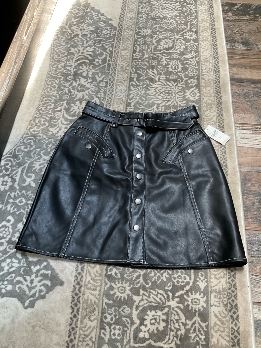 Anthropologie Black Faux Leather Button-Front Mini Skirt with Belt NWT
